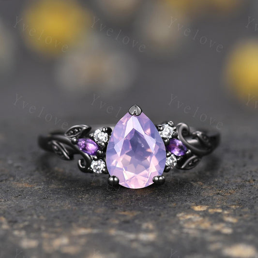 Gothic Pear Cut Natural Lavender Amethyst Engagement Ring February Birthstone Amethyst Ring Black Gold Leaf Nature Inspired Bridal Ring Gift