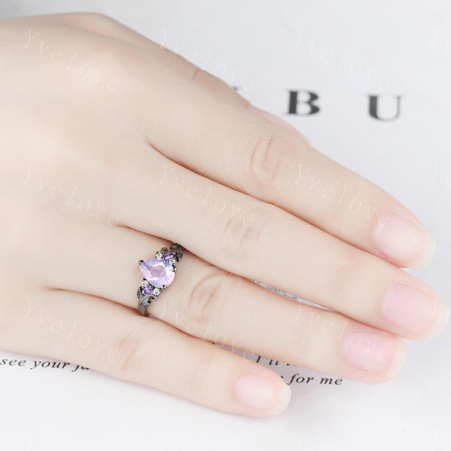 Pear Cut Natural Lavender Amethyst Engagement Ring Set February Birthstone Amethyst Ring Black Gold Leaf Nature Inspired Bridal Ring Set
