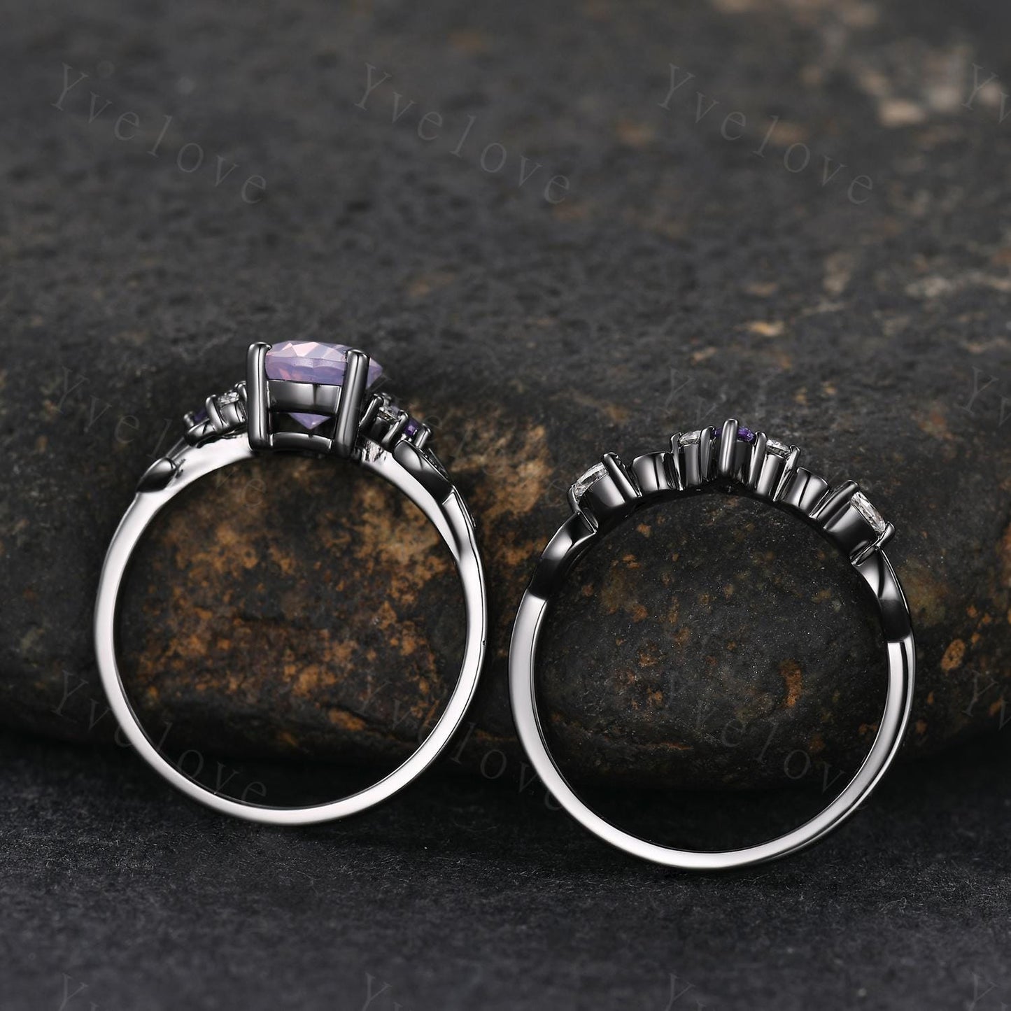 Pear Cut Natural Lavender Amethyst Engagement Ring Set February Birthstone Amethyst Ring Black Gold Leaf Nature Inspired Bridal Ring Set