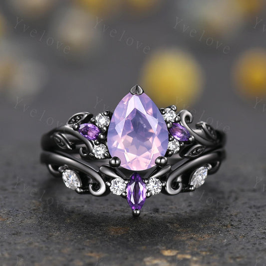 Pear Cut Natural Lavender Amethyst Engagement Ring Set February Birthstone Amethyst Ring Black Gold Leaf Nature Inspired Bridal Ring Set
