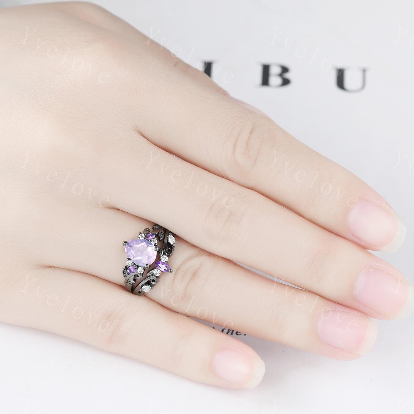 Pear Cut Natural Lavender Amethyst Engagement Ring Set February Birthstone Amethyst Ring Black Gold Leaf Nature Inspired Bridal Ring Set