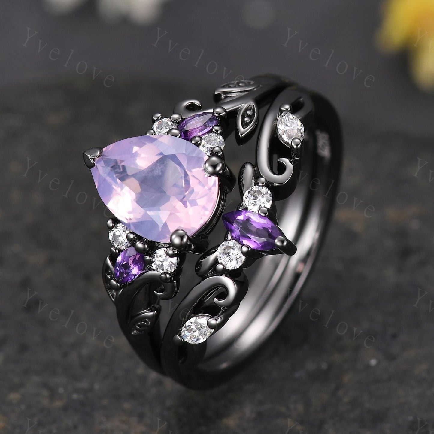Pear Cut Natural Lavender Amethyst Engagement Ring Set February Birthstone Amethyst Ring Black Gold Leaf Nature Inspired Bridal Ring Set