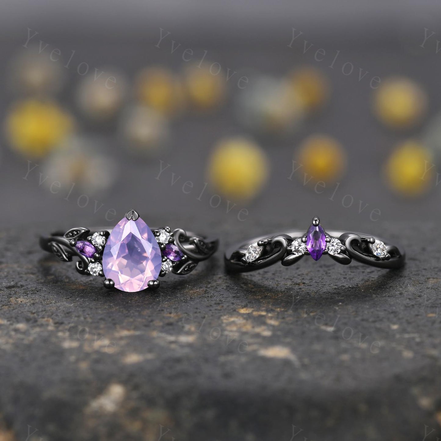 Pear Cut Natural Lavender Amethyst Engagement Ring Set February Birthstone Amethyst Ring Black Gold Leaf Nature Inspired Bridal Ring Set