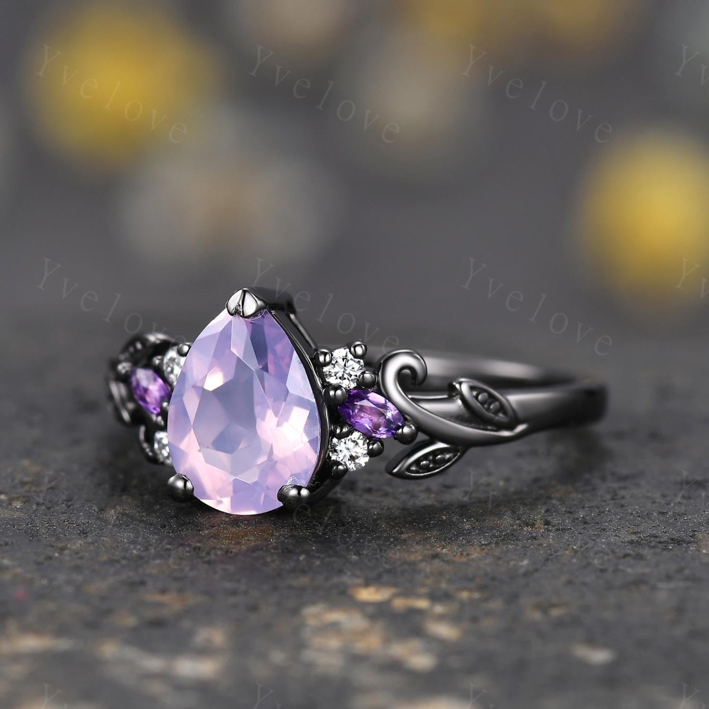 Gothic Pear Cut Natural Lavender Amethyst Engagement Ring February Birthstone Amethyst Ring Black Gold Leaf Nature Inspired Bridal Ring Gift