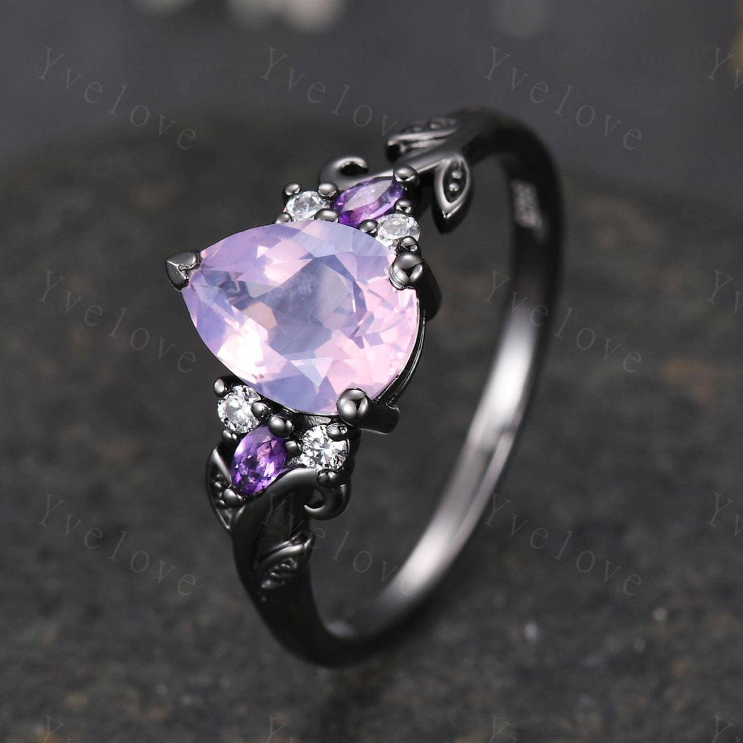 Gothic Pear Cut Natural Lavender Amethyst Engagement Ring February Birthstone Amethyst Ring Black Gold Leaf Nature Inspired Bridal Ring Gift