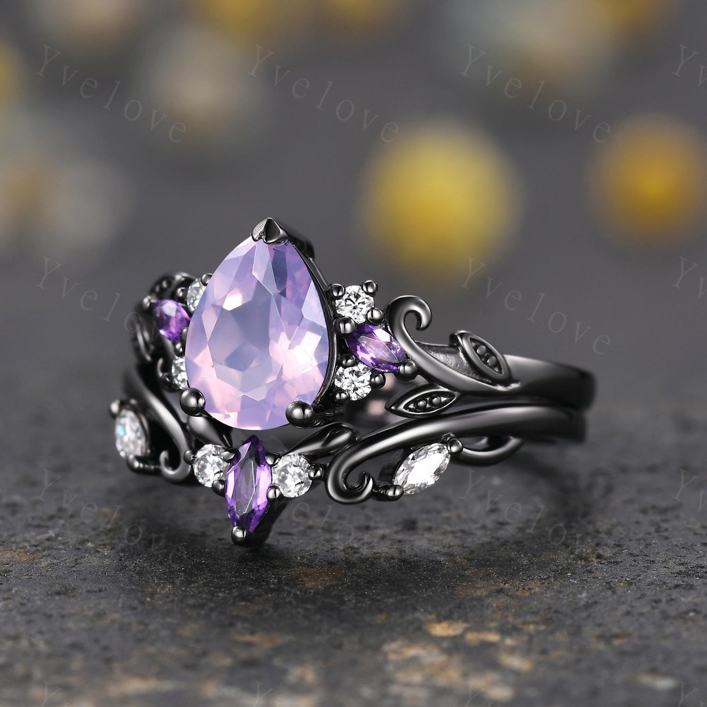 Gothic Pear Cut Natural Lavender Amethyst Engagement Ring February Birthstone Amethyst Ring Black Gold Leaf Nature Inspired Bridal Ring Gift