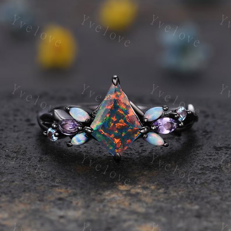 Vintage Kite Cut Black Fire Opal Engagement Ring Set,Black Gold Ring,Vines Black Opal Ring,Women Bridal Set,Unique Twig Promise Ring Gift