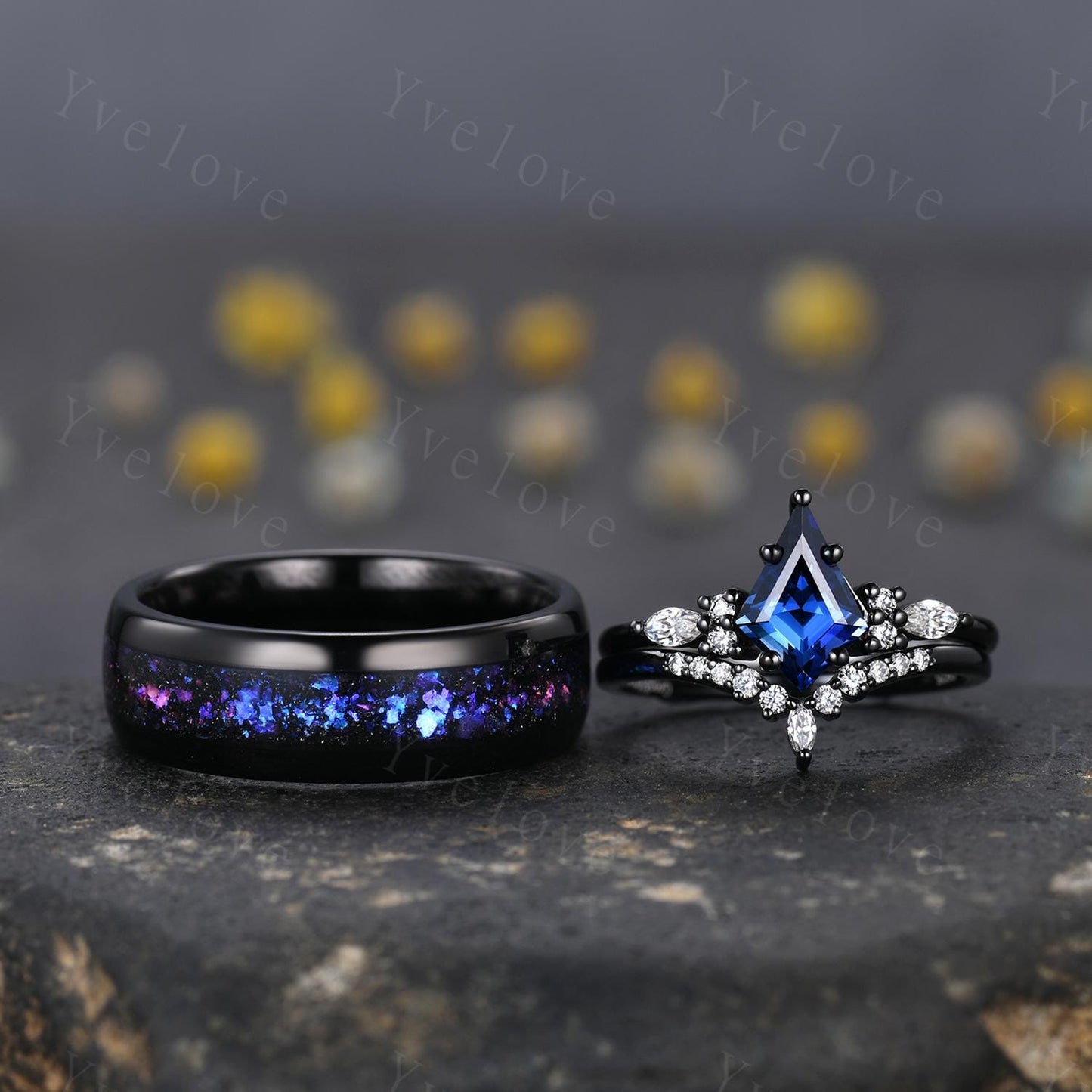 Blue Sapphire Outer Space Couples Ring Set,Galaxy Matching Ring,His and Hers Wedding Band,Tungsten Black Gold Silver Promise Engagement Ring