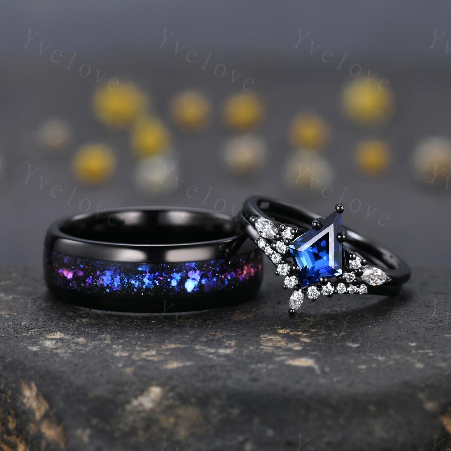 Blue Sapphire Outer Space Couples Ring Set,Galaxy Matching Ring,His and Hers Wedding Band,Tungsten Black Gold Silver Promise Engagement Ring