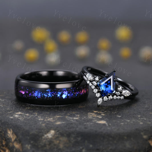 Blue Sapphire Outer Space Couples Ring Set,Galaxy Matching Ring,His and Hers Wedding Band,Tungsten Black Gold Silver Promise Engagement Ring
