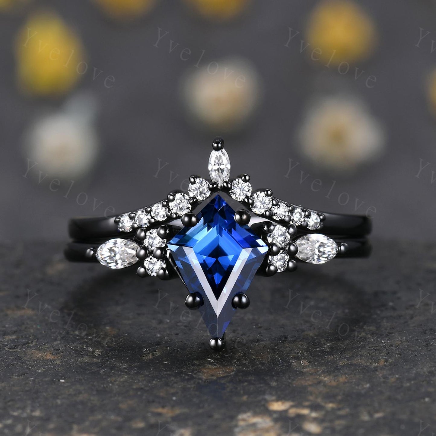 Vintage Kite shaped Blue Sapphire Engagement Ring Set,Unique Bridal Ring Set,Marquise Moissanite,Black Gold Promise Ring Anniversary Gift