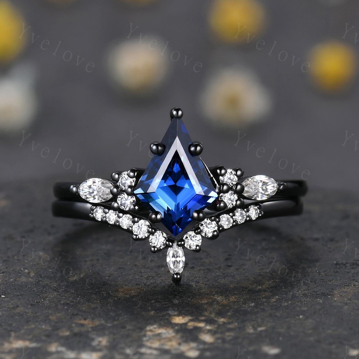Vintage Kite shaped Blue Sapphire Engagement Ring Set,Unique Bridal Ring Set,Marquise Moissanite,Black Gold Promise Ring Anniversary Gift