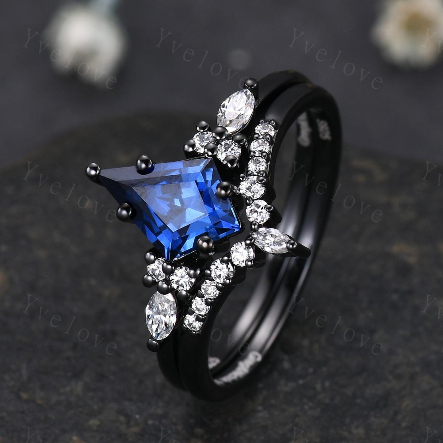 Vintage Kite shaped Blue Sapphire Engagement Ring Set,Unique Bridal Ring Set,Marquise Moissanite,Black Gold Promise Ring Anniversary Gift