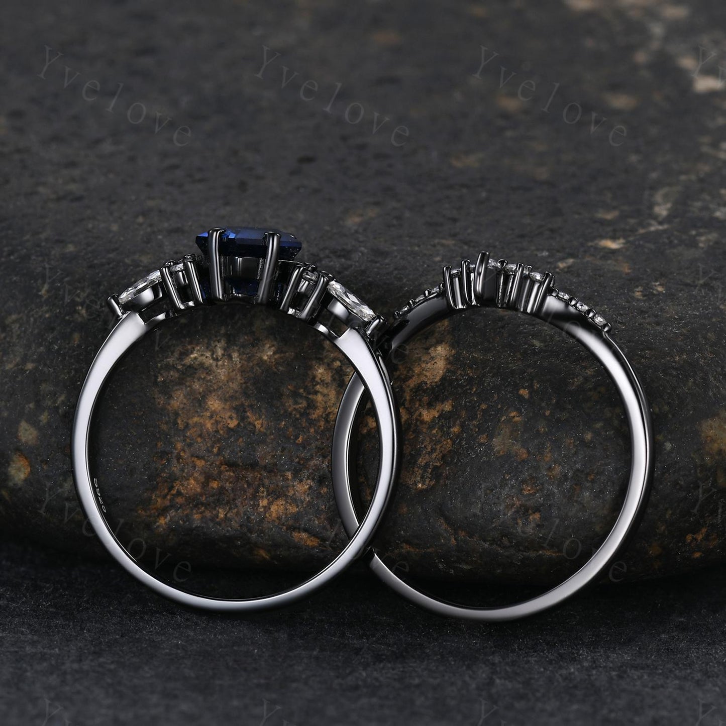 Vintage Kite shaped Blue Sapphire Engagement Ring Set,Unique Bridal Ring Set,Marquise Moissanite,Black Gold Promise Ring Anniversary Gift