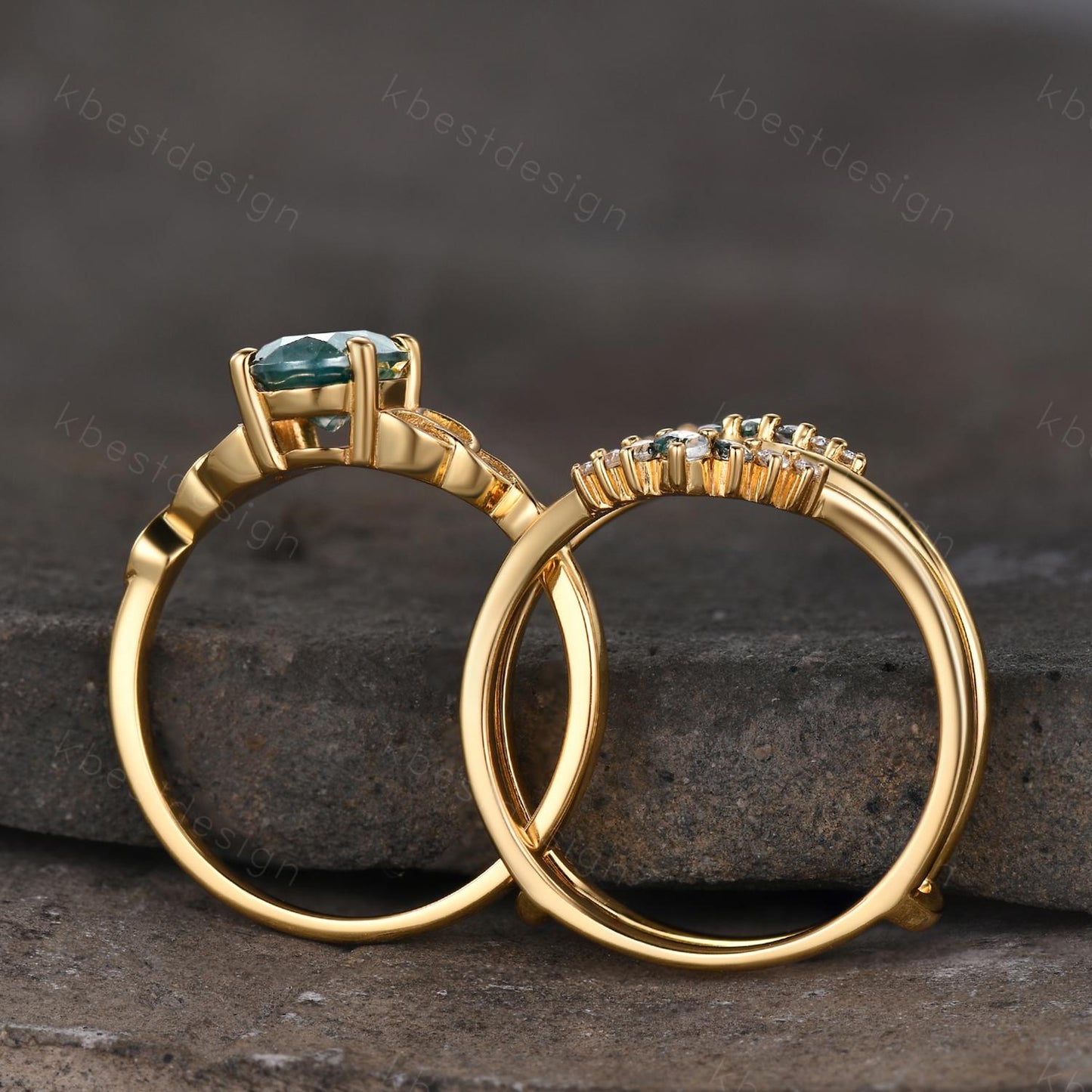 Fireworks Cut Blue Sapphire Engagement Ring Set Unique Double Curved Band 14K Solid Gold Promise Rings For Women Moss Agate Stacking Band