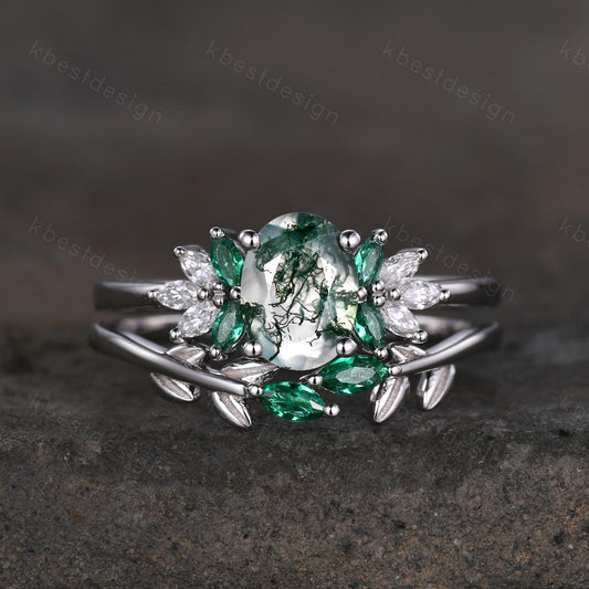 Vintage oval moss agate engagement ring set Curved emerald stacking band leaf style ring unique art deco bridal wedding ring set