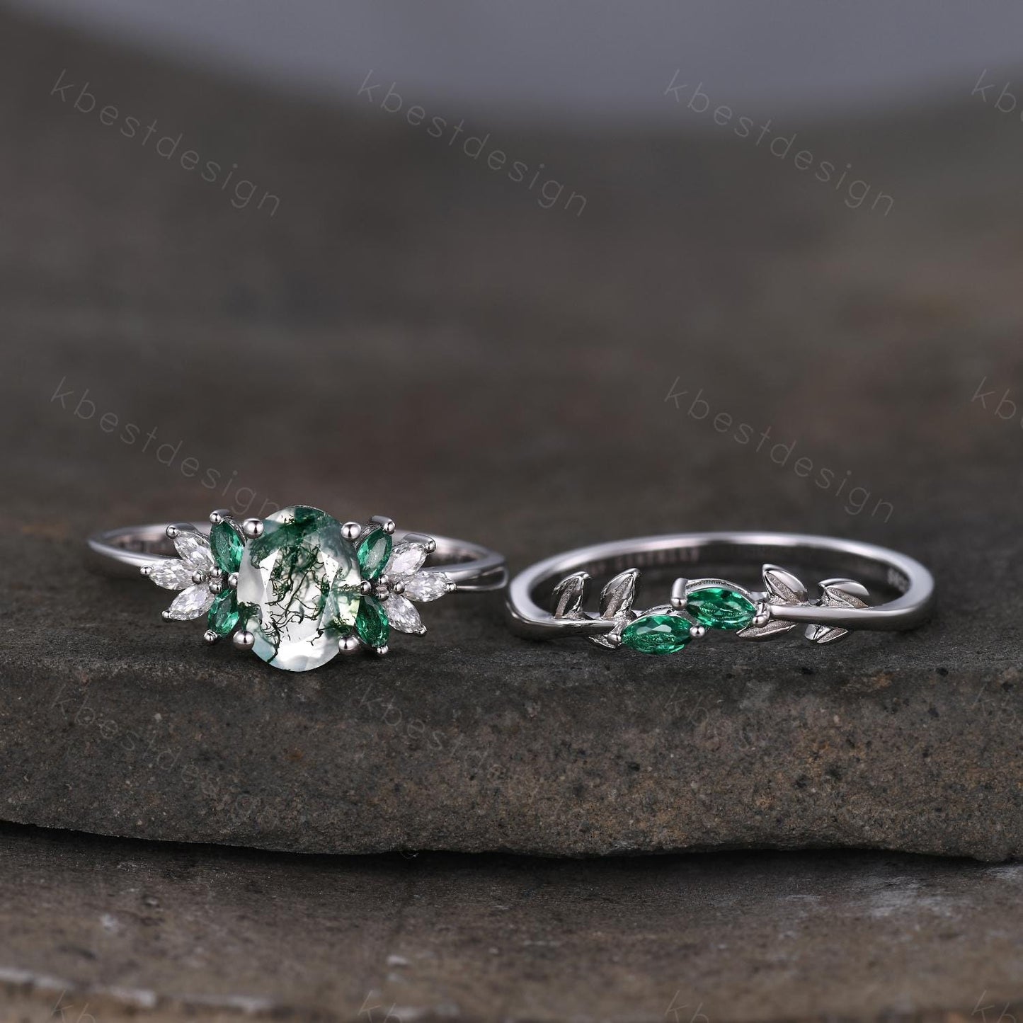 Vintage oval moss agate engagement ring set Curved emerald stacking band leaf style ring unique art deco bridal wedding ring set