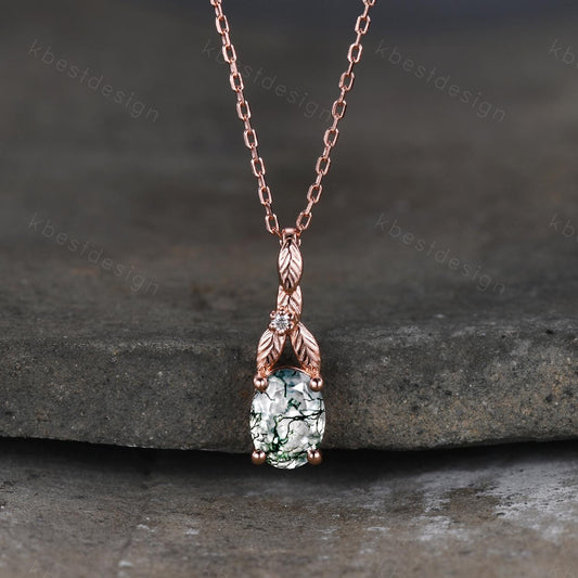 Oval cut moss agate necklace women rose gold necklace vine leaf pendant unique art deco bridal promise gift nature inspired necklace