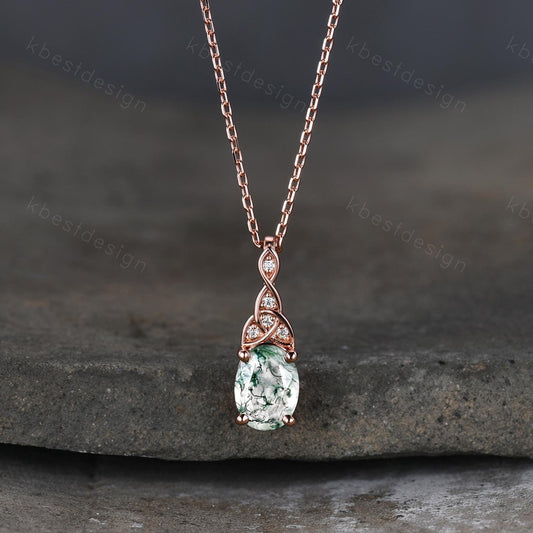 Celtic moss agate necklace women rose gold pendant necklace oval cut pendant art deco green agate necklace anniversary gift for her