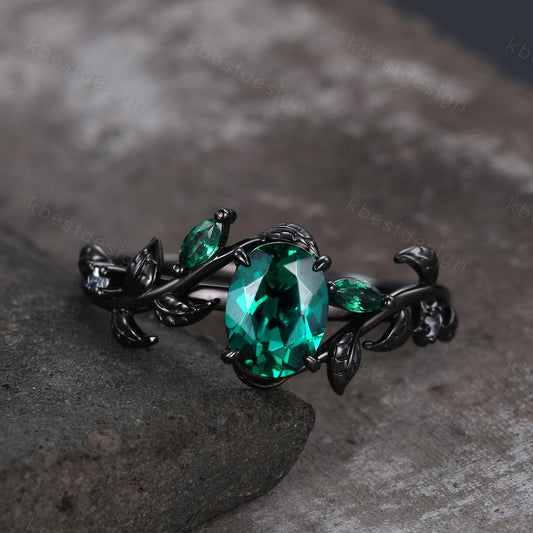 Vintage oval cut emerald engagement ring gothic black gold art deco emerald cluster ring nature inspired bridal promise ring for her