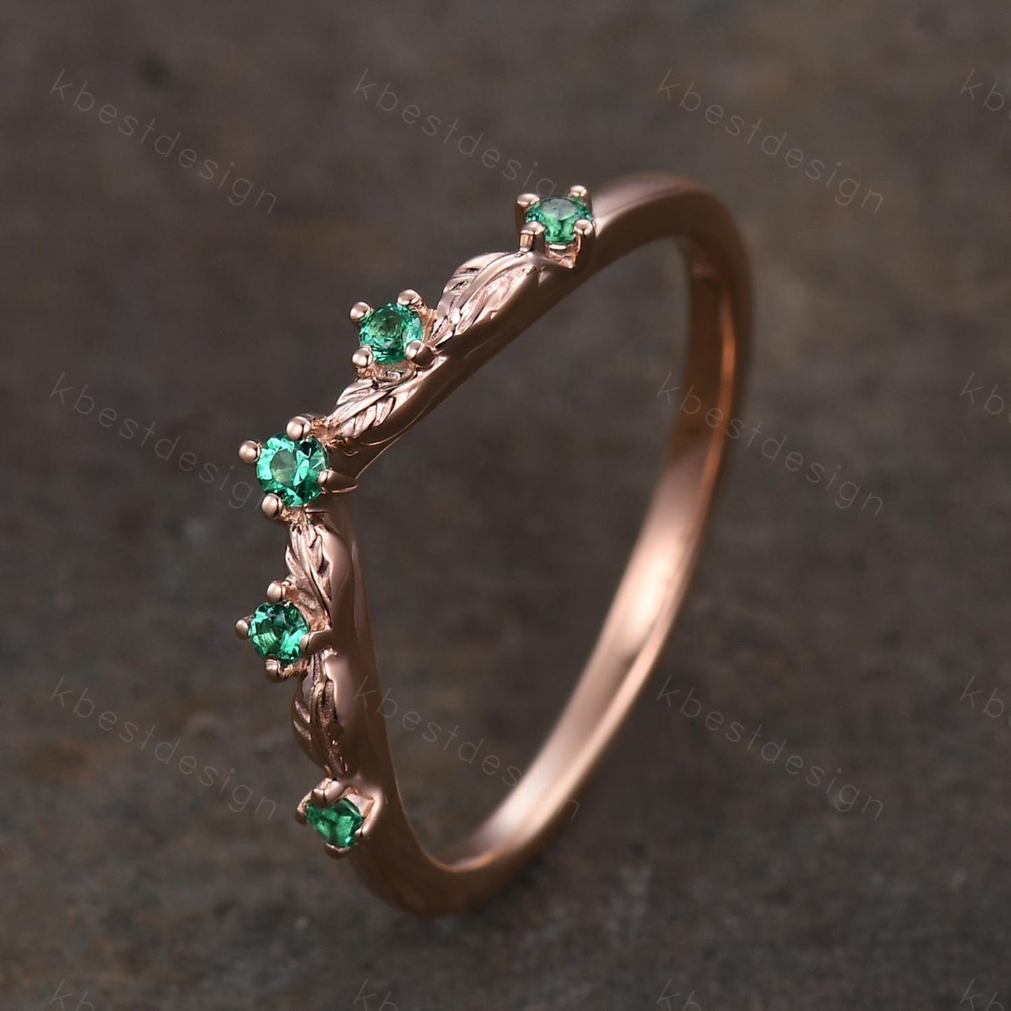Vintage Curved Emerald Wedding Band Rose Gold Stacking Band Unique Leaf Style Matching Band for Women Nature Inspired Ring Anniversary Gift
