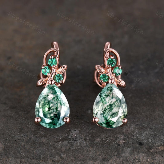 Nature inspired moss agate earrings women rose gold earring studs teardrop earrings art deco green agate studs anniversary gift for her