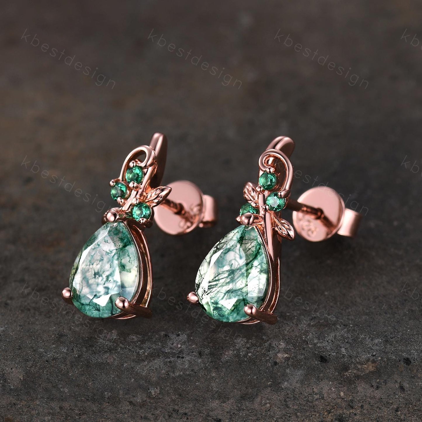 Nature inspired moss agate earrings women rose gold earring studs teardrop earrings art deco green agate studs anniversary gift for her