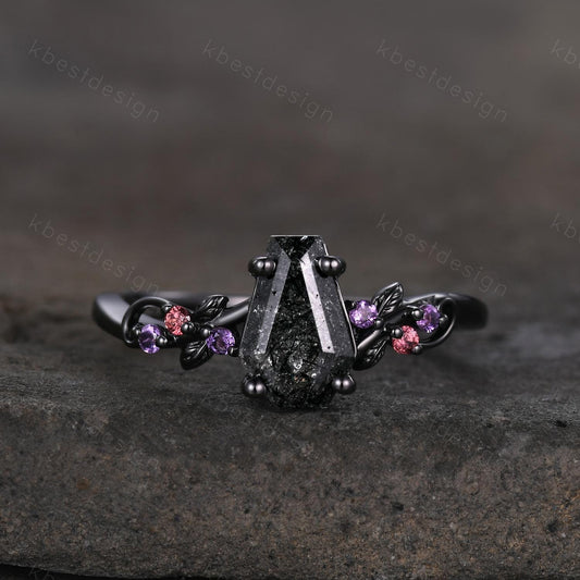 Coffin cut black rutilated quartz engagement ring black gold ring Art deco leaf design amethyst Bridal ring Unique promise ring