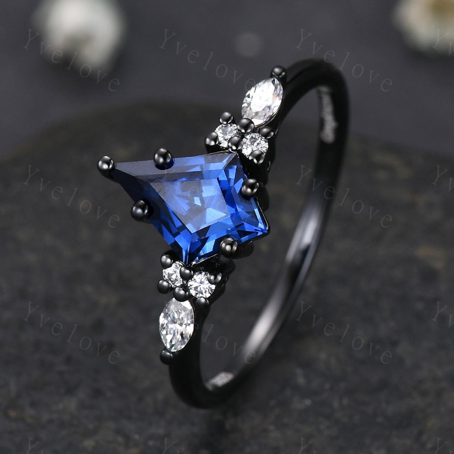 Vintage Kite shaped Blue Sapphire Engagement Ring,Unique Bridal Ring Set,Marquise Moissanite,Black Gold Promise Ring Anniversary Gift Custom