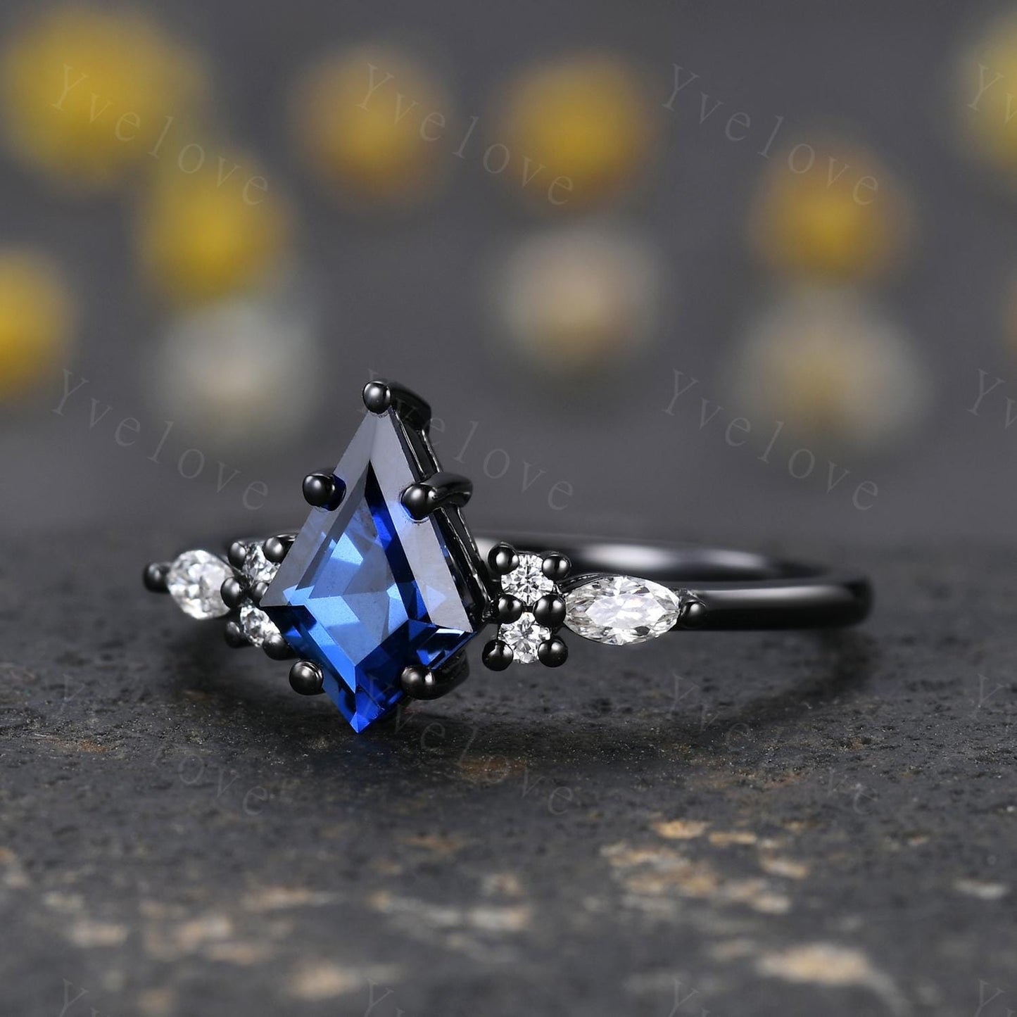 Vintage Kite shaped Blue Sapphire Engagement Ring,Unique Bridal Ring Set,Marquise Moissanite,Black Gold Promise Ring Anniversary Gift Custom