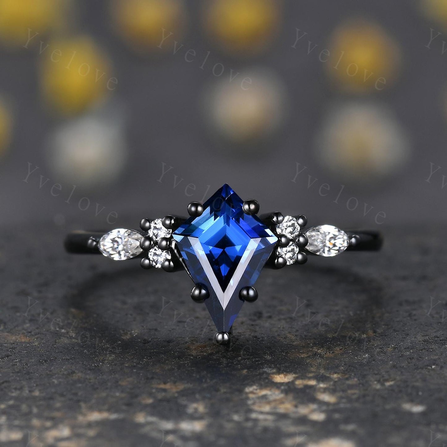 Vintage Kite shaped Blue Sapphire Engagement Ring,Unique Bridal Ring Set,Marquise Moissanite,Black Gold Promise Ring Anniversary Gift Custom