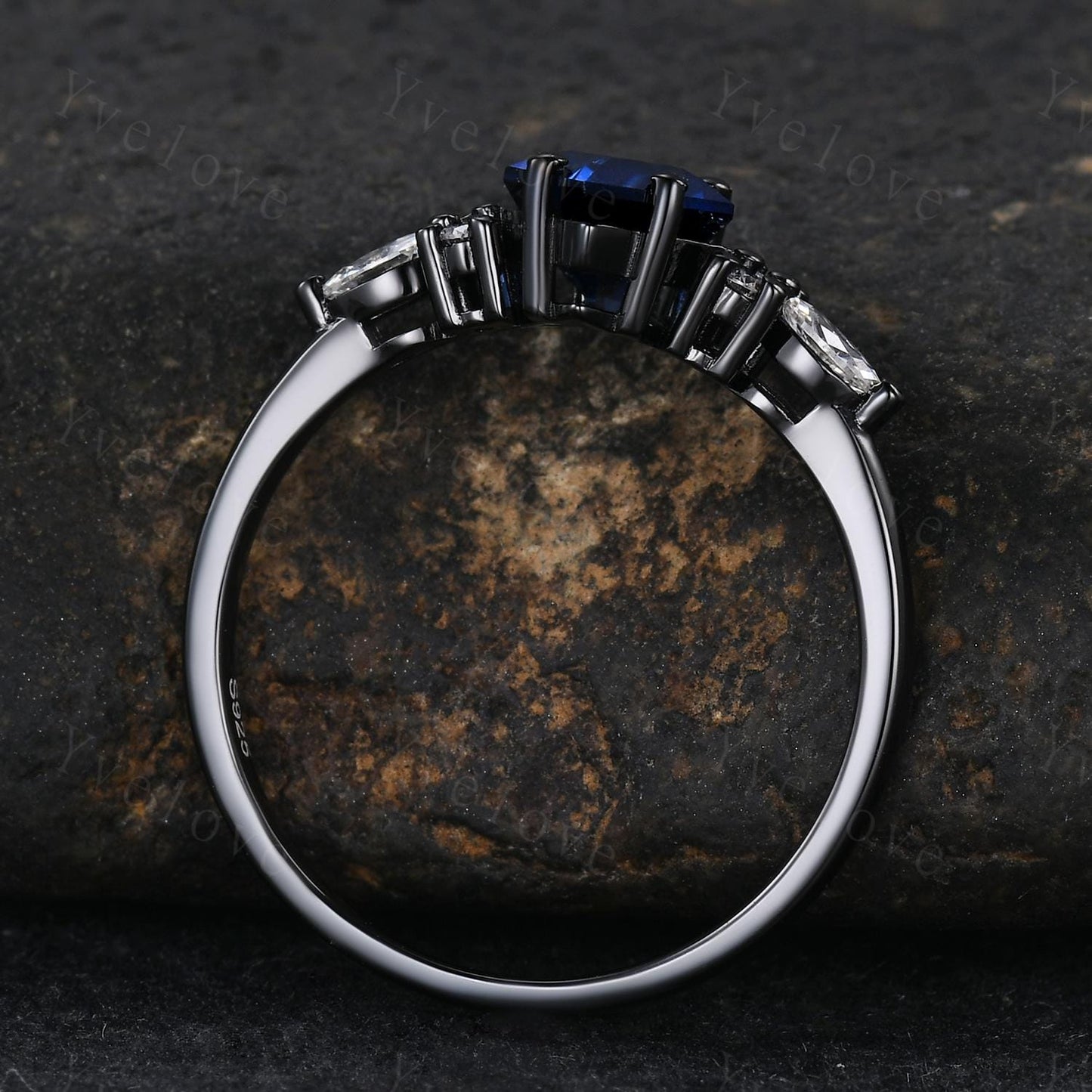 Vintage Kite shaped Blue Sapphire Engagement Ring,Unique Bridal Ring Set,Marquise Moissanite,Black Gold Promise Ring Anniversary Gift Custom