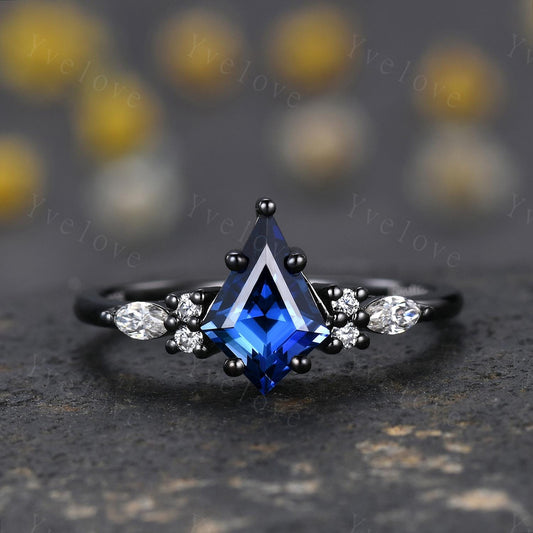 Vintage Kite shaped Blue Sapphire Engagement Ring,Unique Bridal Ring Set,Marquise Moissanite,Black Gold Promise Ring Anniversary Gift Custom