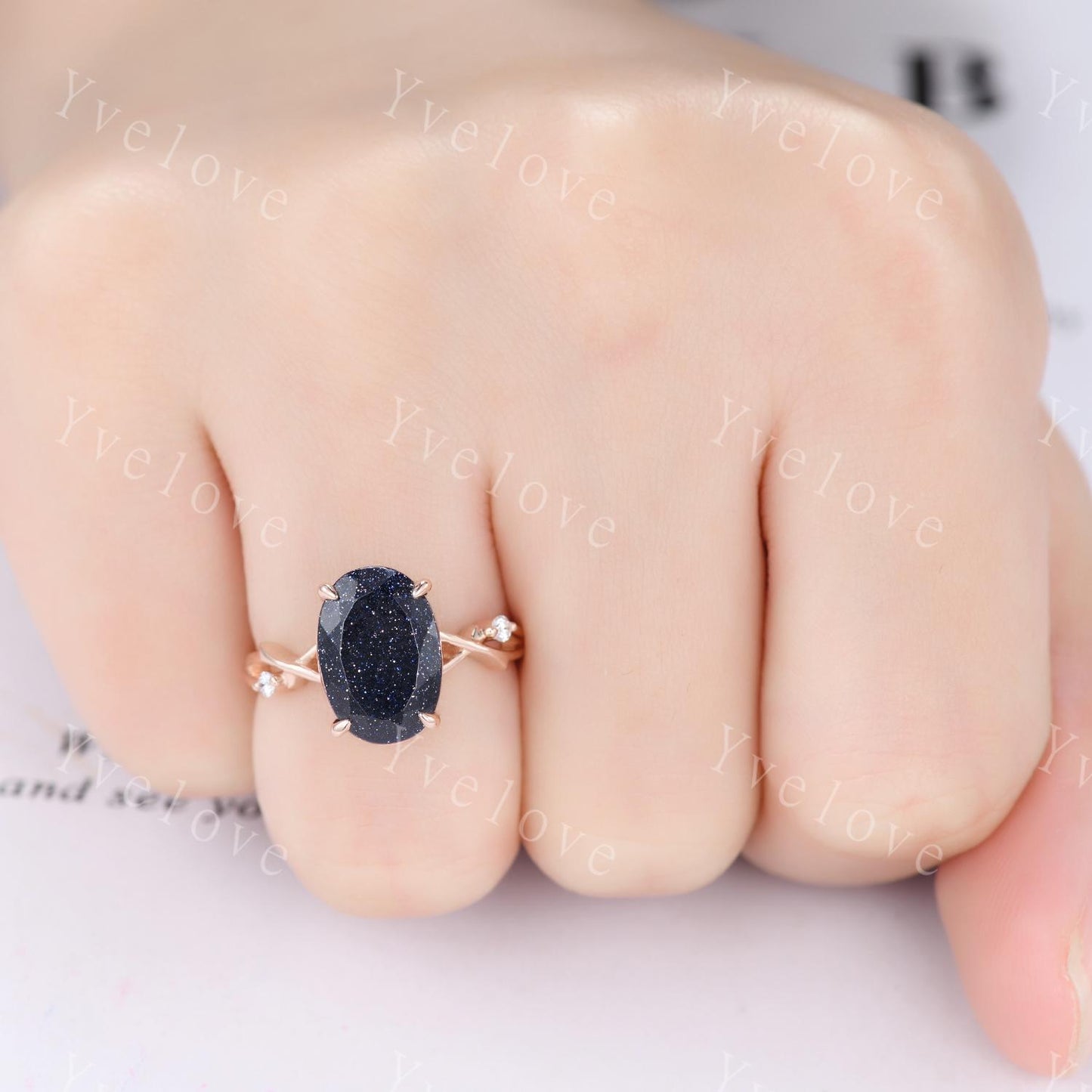 12x8mm Oval Cut Twig Blue Sandstone Engagement Ring,14k Rose Gold,Diamond Galaxy Vintage Unique Promise Ring Gift For Women Statement Ring