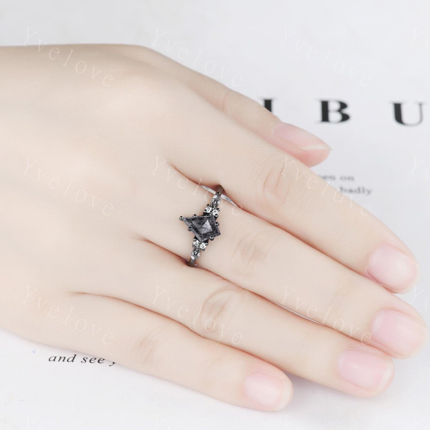 Dainty Kite Cut Salt and Pepper Diamond Engagement Ring Set Antique Black Gold Ring Black Rutilated Quartz Gems Bridal Set Promise Ring