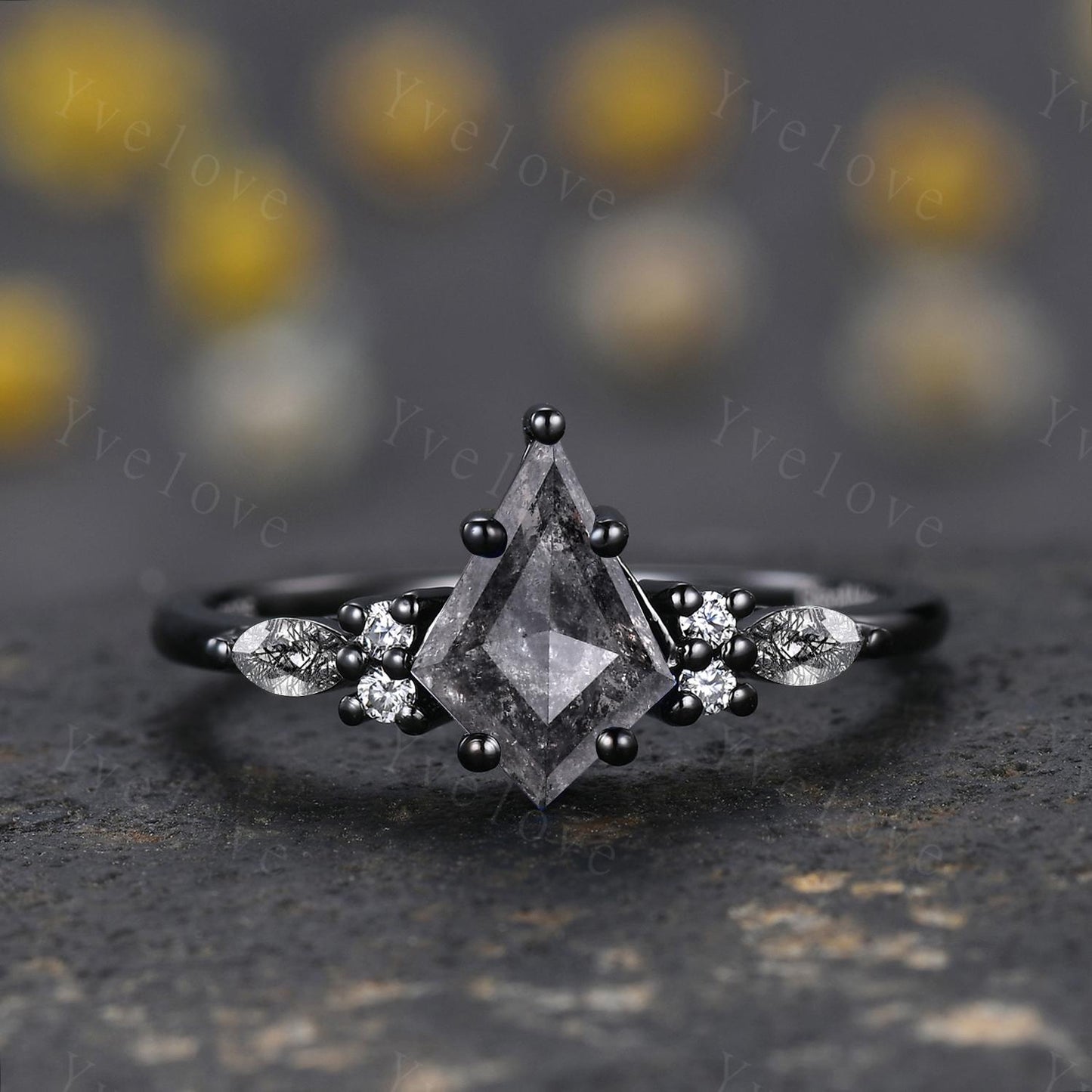 Dainty Kite Cut Salt and Pepper Diamond Engagement Ring Set Antique Black Gold Ring Black Rutilated Quartz Gems Bridal Set Promise Ring