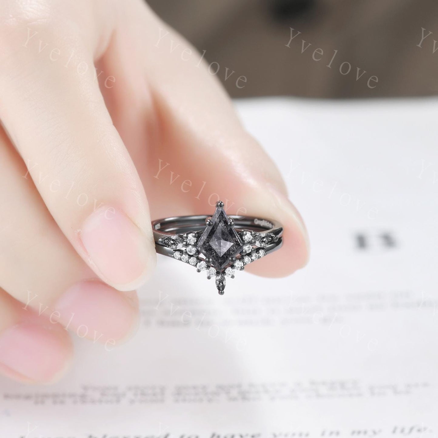 Dainty Kite Cut Salt and Pepper Diamond Engagement Ring Set Antique Black Gold Ring Black Rutilated Quartz Gems Bridal Set Promise Ring
