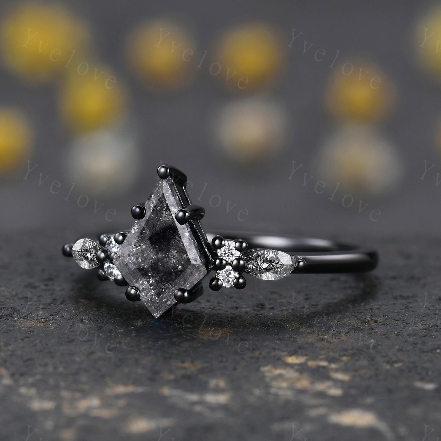 Antique Kite Cut Salt and Pepper Diamond Engagement Ring Black Gold Ring Marquise Black Rutilated Quartz Ring Promise Ring Handmade Gift