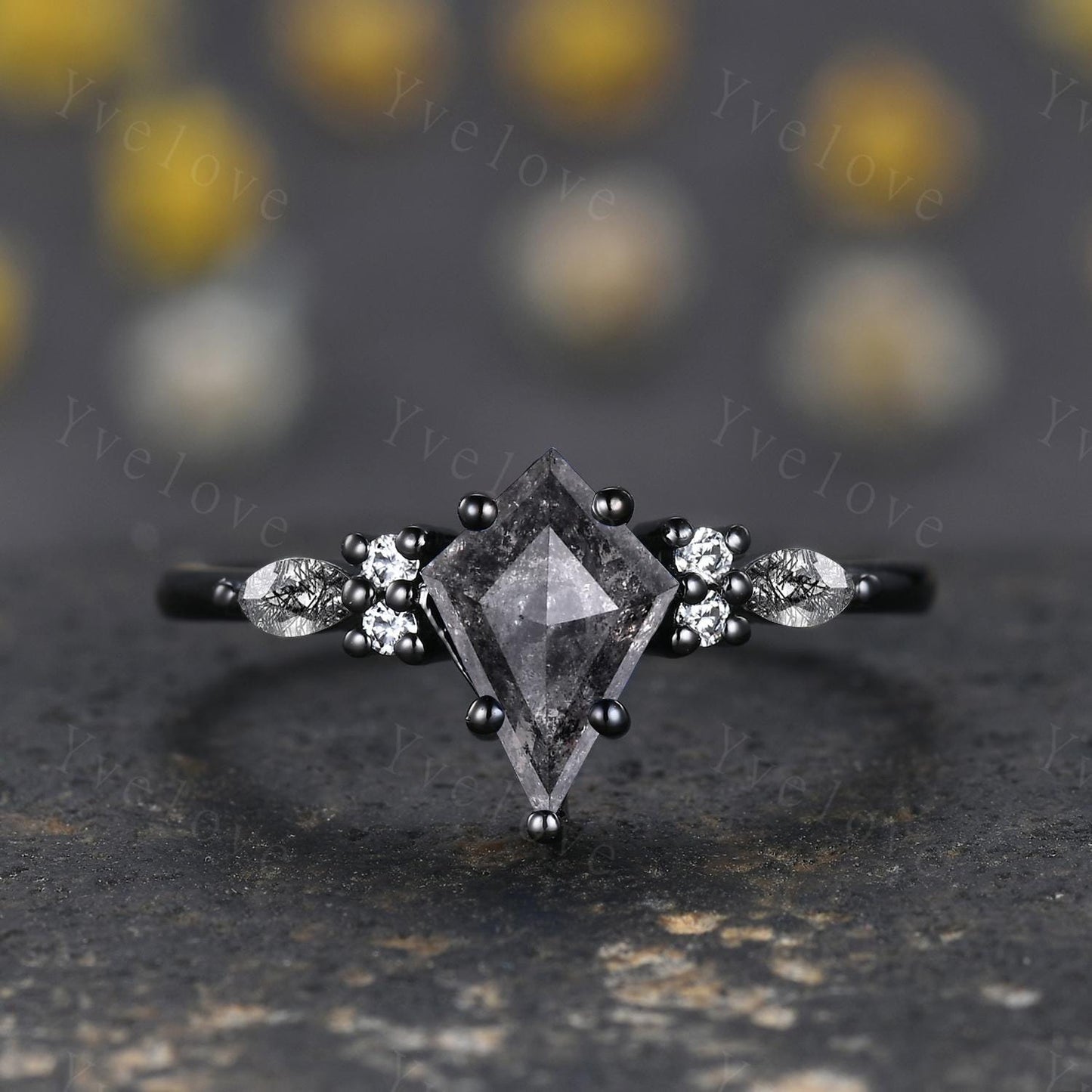 Antique Kite Cut Salt and Pepper Diamond Engagement Ring Black Gold Ring Marquise Black Rutilated Quartz Ring Promise Ring Handmade Gift