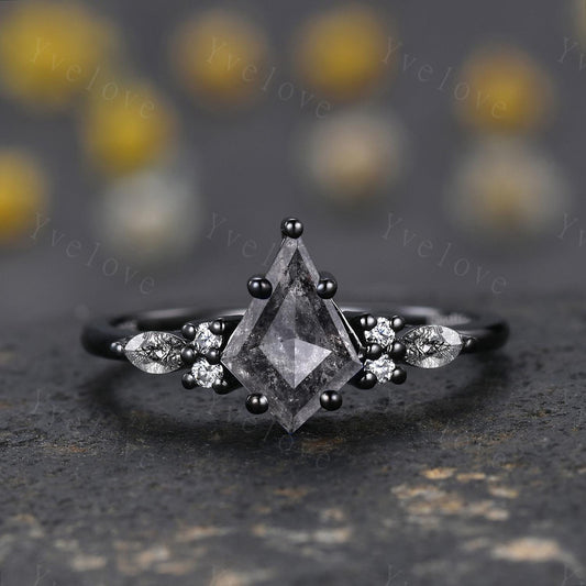 Antique Kite Cut Salt and Pepper Diamond Engagement Ring Black Gold Ring Marquise Black Rutilated Quartz Ring Promise Ring Handmade Gift