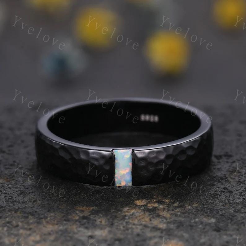 Mens White Fire Opal Wedding Band Baguette Cut Opal Band 5mm White Gold Ring Mens Hammered Stacking Matching Band Retro Vintage Ring Gift