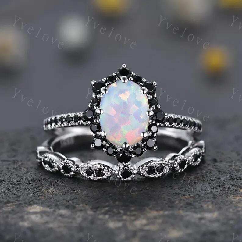 Gothic Oval Shape White Opal Engagement Ring Set,Black Gold Black Diamond Promise Ring Set Unique Rhodium Black Witchy Ring Bridal Set Gift