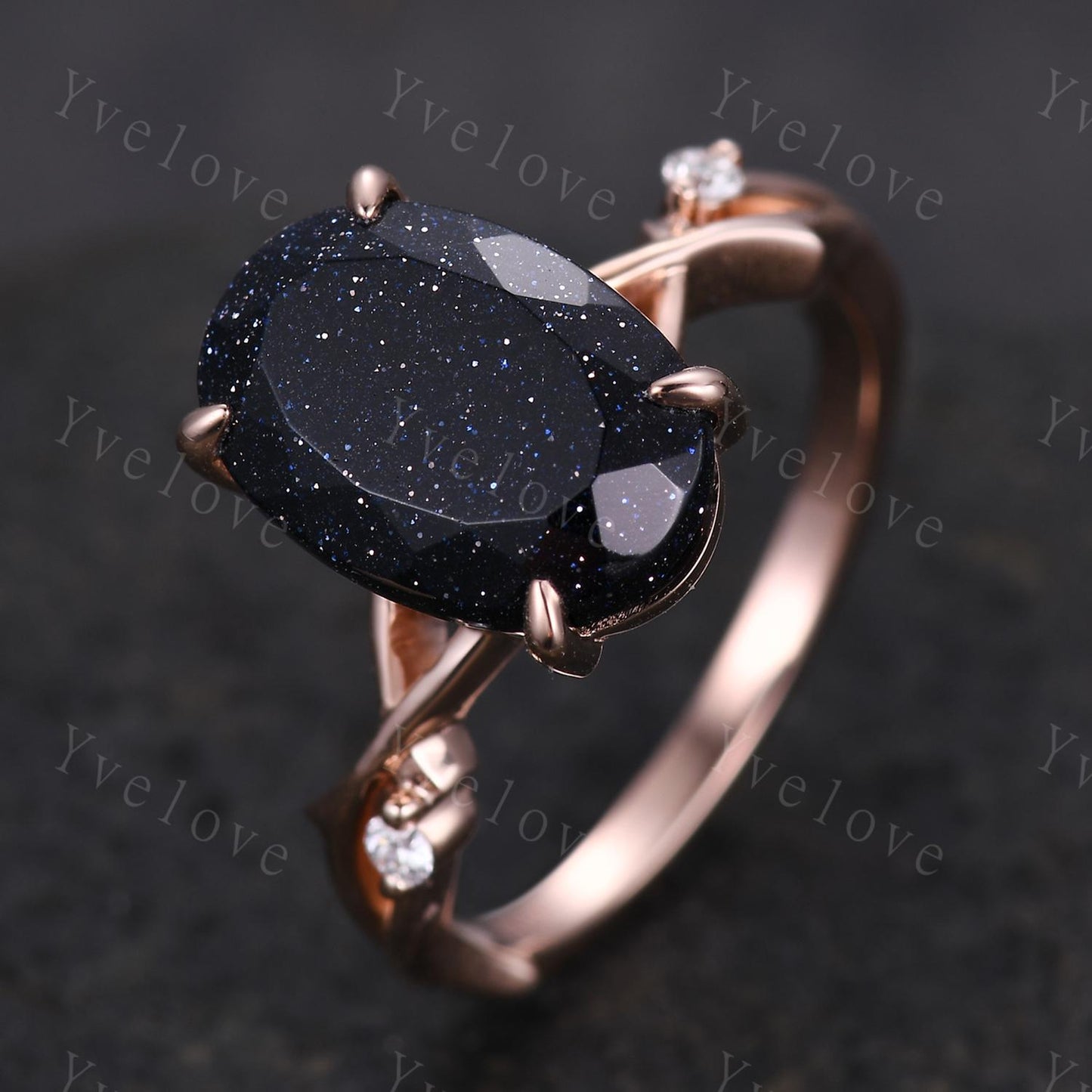 12x8mm Oval Cut Twig Blue Sandstone Engagement Ring,14k Rose Gold,Diamond Galaxy Vintage Unique Promise Ring Gift For Women Statement Ring
