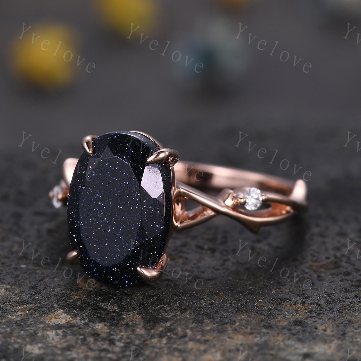 12x8mm Oval Cut Twig Blue Sandstone Engagement Ring,14k Rose Gold,Diamond Galaxy Vintage Unique Promise Ring Gift For Women Statement Ring