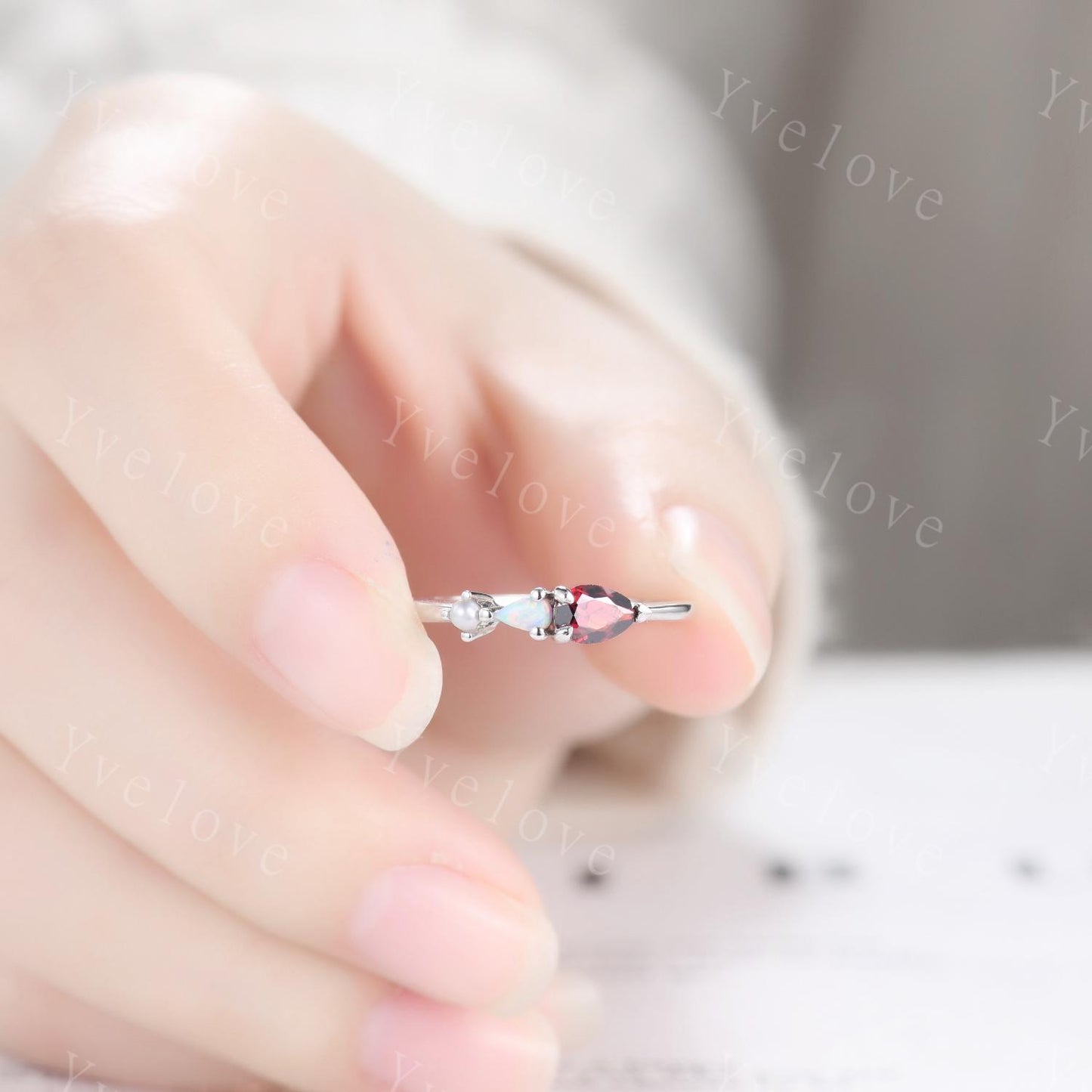 Vintage Red Garnet Opal Engagement Ring,Pear Cut Gems,Art Deco Pearl Wedding Band,3 Stone Unique Women Bridal Promise Ring,925 Silver Ring