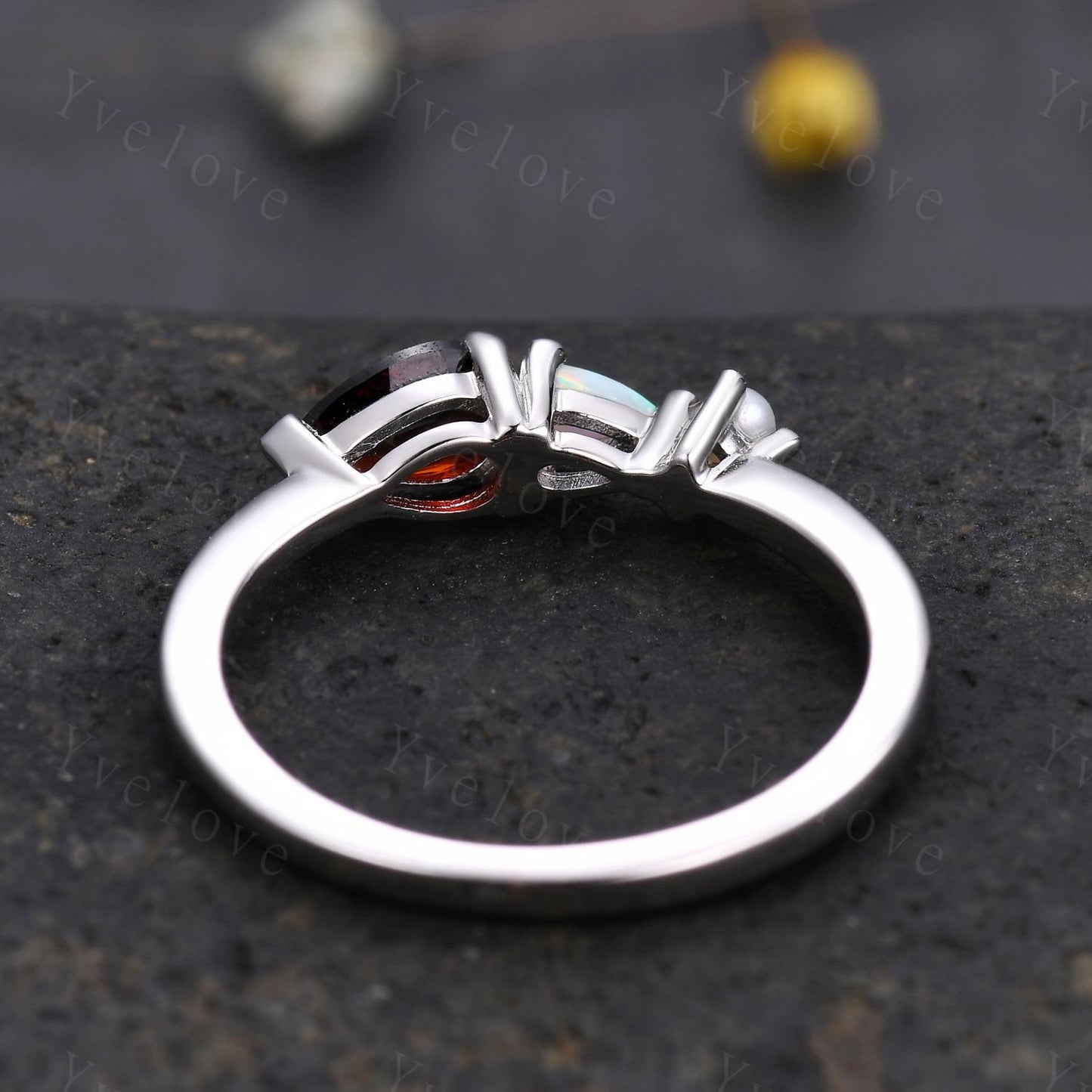 Vintage Red Garnet Opal Engagement Ring,Pear Cut Gems,Art Deco Pearl Wedding Band,3 Stone Unique Women Bridal Promise Ring,925 Silver Ring