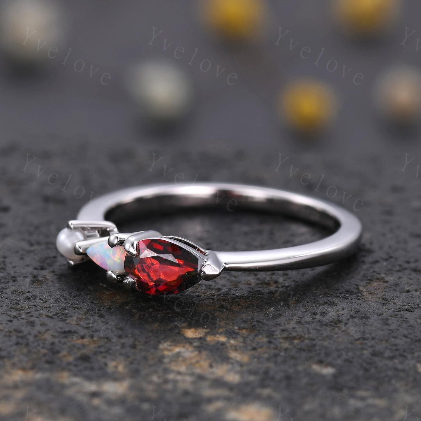 Vintage Red Garnet Opal Engagement Ring,Pear Cut Gems,Art Deco Pearl Wedding Band,3 Stone Unique Women Bridal Promise Ring,925 Silver Ring