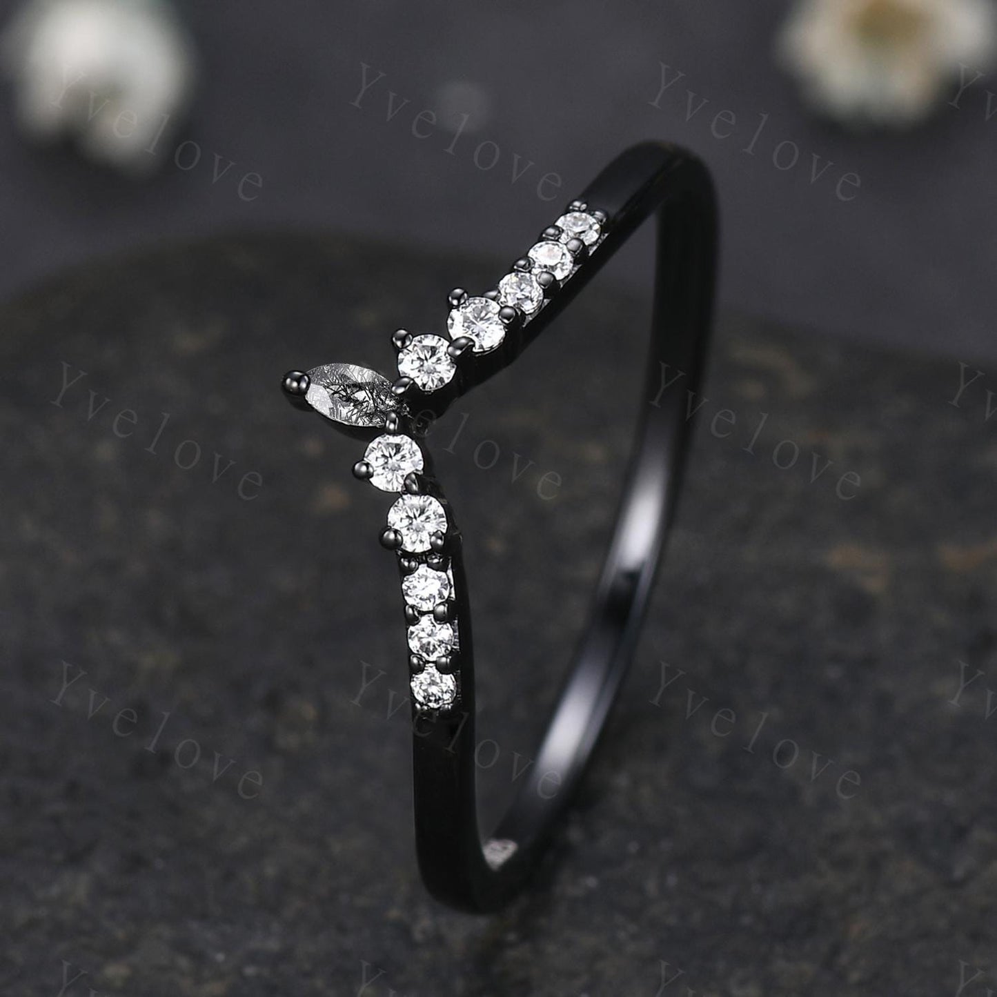 Dainty black rutilated quartz wedding ring silver black gold wedding band Moissanite V Curved  Stacking matching band Bridal Promise band
