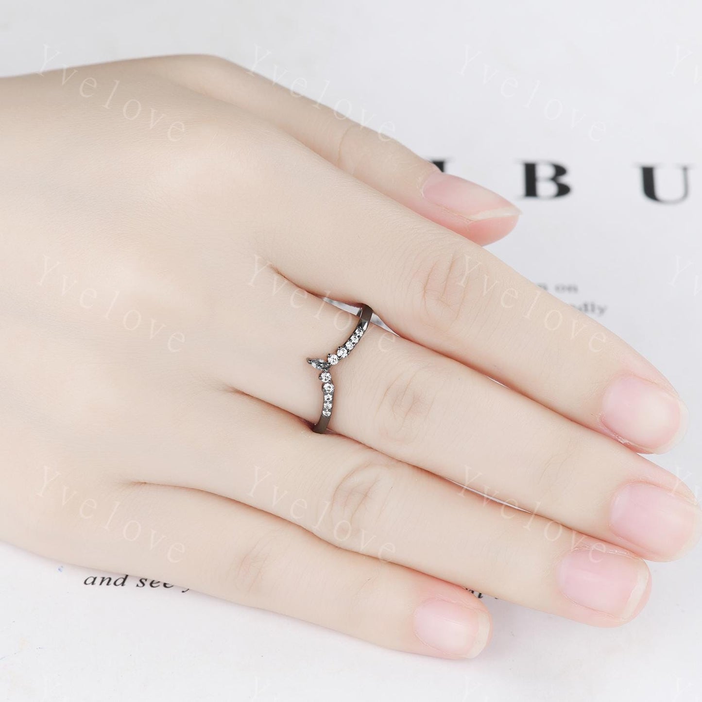 Dainty black rutilated quartz wedding ring silver black gold wedding band Moissanite V Curved  Stacking matching band Bridal Promise band