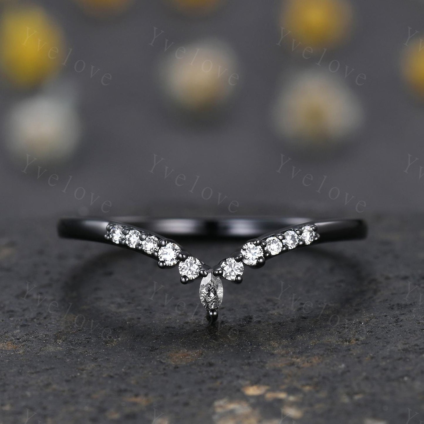 Dainty black rutilated quartz wedding ring silver black gold wedding band Moissanite V Curved  Stacking matching band Bridal Promise band